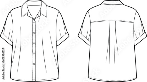 Short sleeve shirt flat sketch, button front blouse vector, back pleat design, fashion cad drawing, cad drawing flat vector illustration