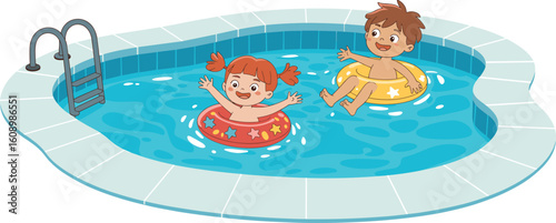 "Cartoon Kids Playing in a Backyard Pool: Happy Children with Floaties on a Sunny Summer Day"