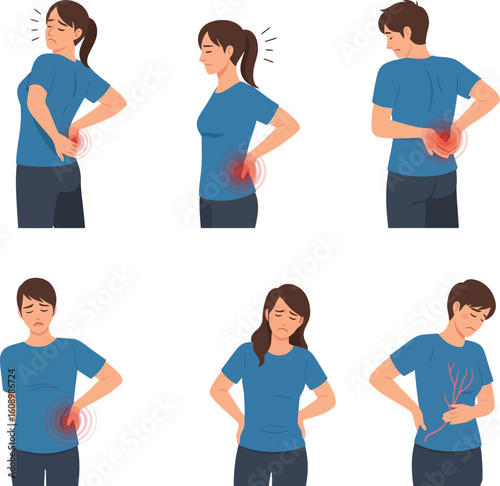 Illustration of individuals experiencing back pain and abdominal discomfort, showing various poses.