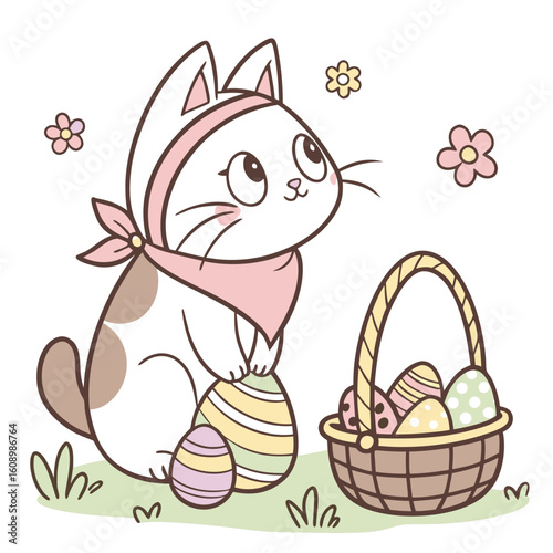 An adorable British Shorthair cat with a Shy vibe, with a scarf, and a Spring Bloom Easter theme – SVG style