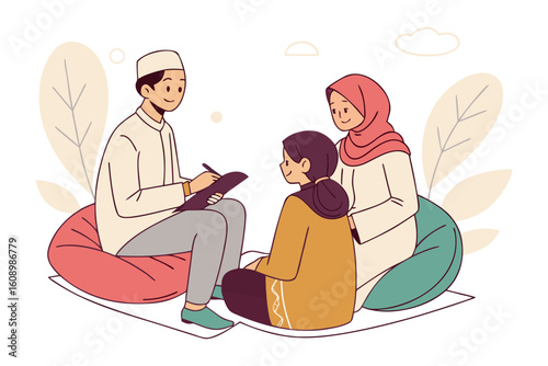 Muslim family counseling session father taking notes while mother and child engage in supportive conversation