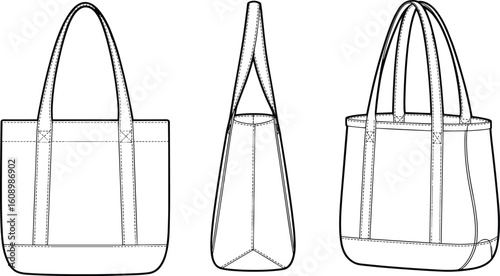 Tote bag technical sketch, front side back view vector, handbag flat drawing illustration, fashion accessory design, cad drawing flat vector illustration