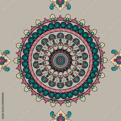 Detailed Teal and Maroon Mandala on Grey