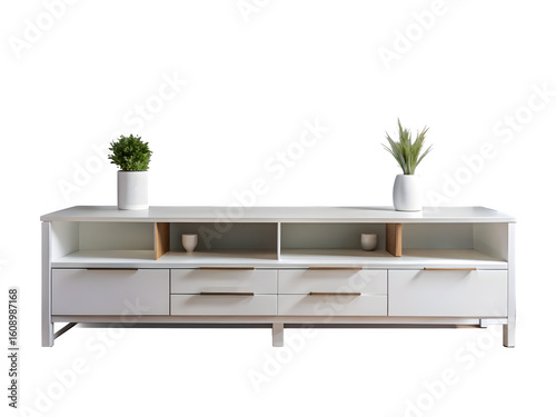 Elegant white media console with plants enhances modern living room decor beautifully