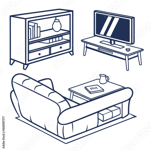 Sofa bookshelf and television set icons coffee table interior
