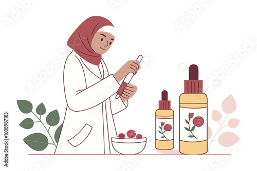 Muslim woman scientist in hijab conducting research with essential oils and botanical ingredients in a laboratory setting