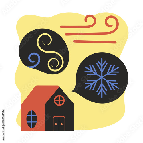Stylized house with weather icons and swirling wind storm blizzard