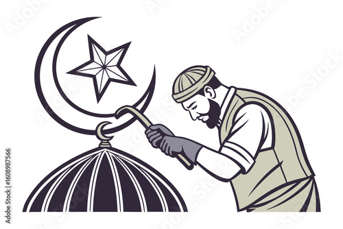 Muslim man carefully attaches star to crescent moon symbol atop a mosque dome with focused determination and skill