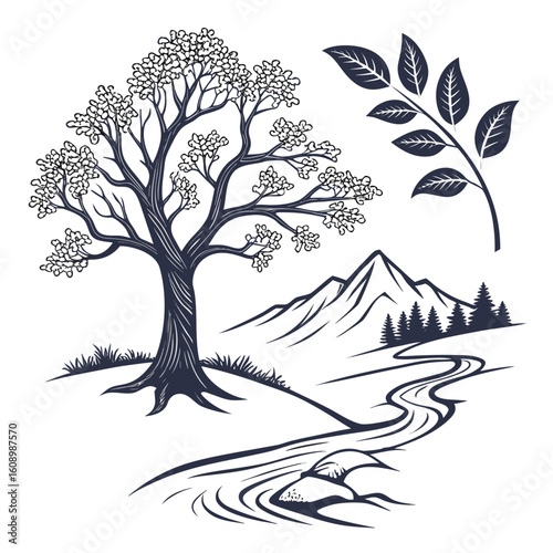 Stylized nature scene with tree river and mountains leaves