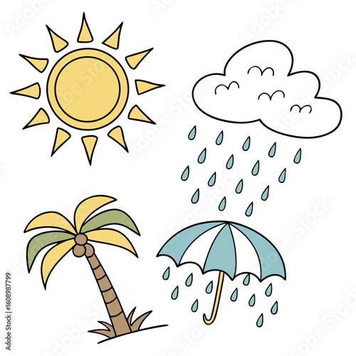Sunny day palm tree rain cloud umbrella clear sky