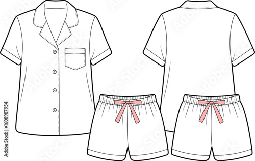 Women pajama set front and back view, short sleeve shirt and shorts, flat fashion sketch, sleepwear cad drawing template