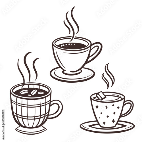 Three steaming cups of coffee and tea hot drink