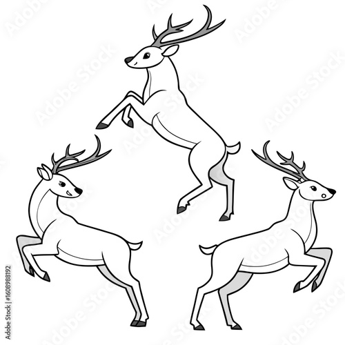 Three stylized deer in various poses fawn stag