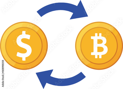 Dollar and Bitcoin currency exchange, circular arrows showing reciprocal conversion.