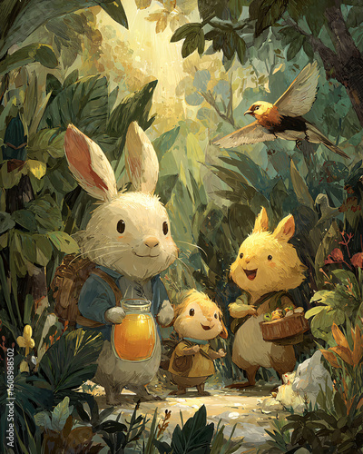 bright and playful cute animal family having a happy picnic scene in cartoon forest, detailed trees and leaves, warm lighting, watercolor style.