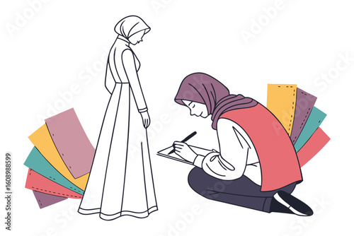 Muslim fashion designer sketching a modest dress design with fabric swatches and a mannequin illustration