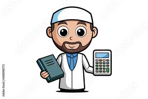 Cartoon of a muslim man wearing a white kufi and traditional attire holding a book and a calculator symbolizing knowledge and financial literacy