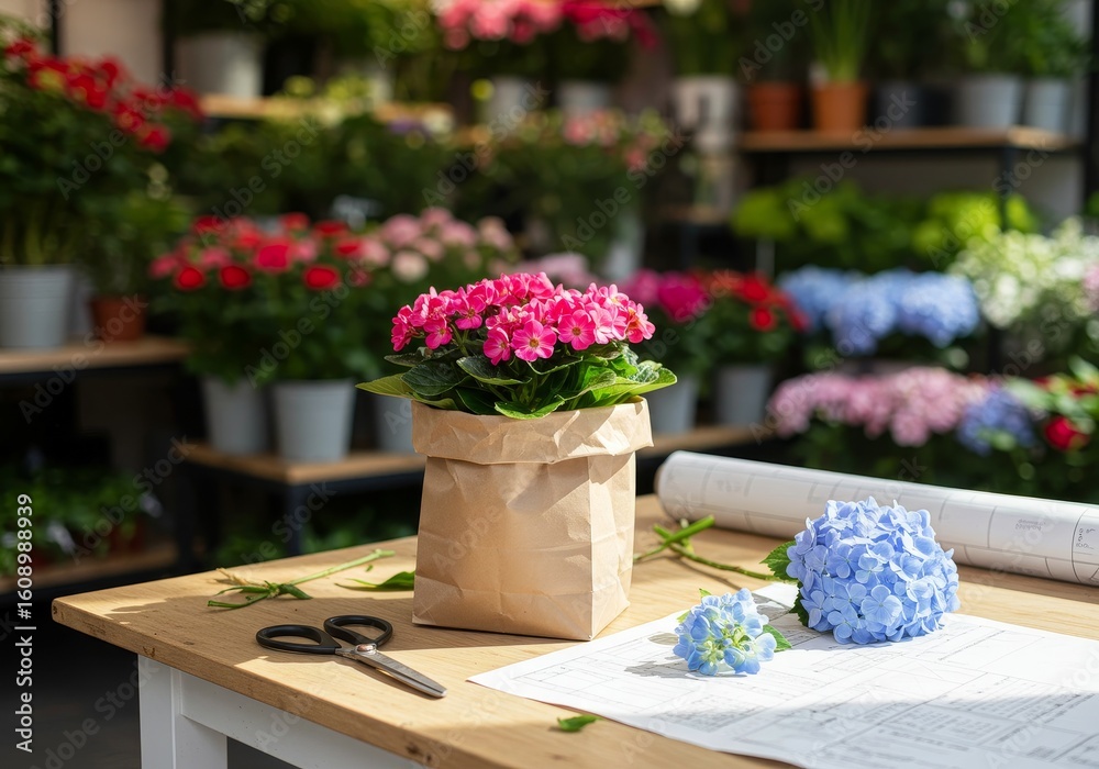 Fototapeta premium Florist arranging vibrant pink geraniums in a paper bag with blue hydrangeas.