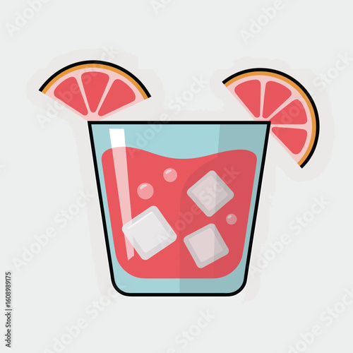 Flat vector illustration of a glass of pink grapefruit juice with ice cubes and two grapefruit slices as garnish light blue glass simple design