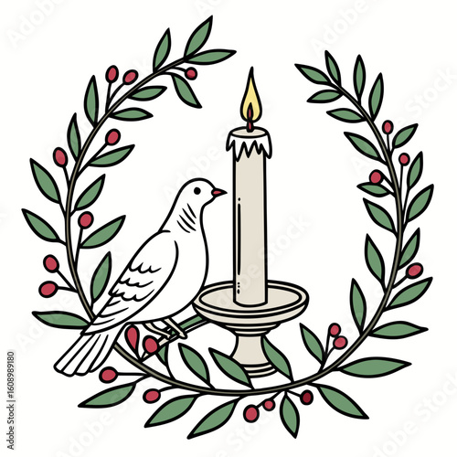 White dove perched by lit candle surrounded by festive wreath bird flame