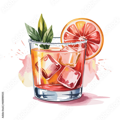 A soft watercolor painting of a refreshing grapefruit cocktail in a rocks glass with ice cubes and mint garnish a vibrant pink orange and