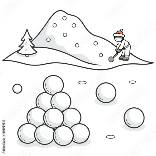 Winter snowball fight scene with stacked snowballs person