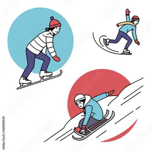 Winter sports people ice skating sledding snowboarding vector