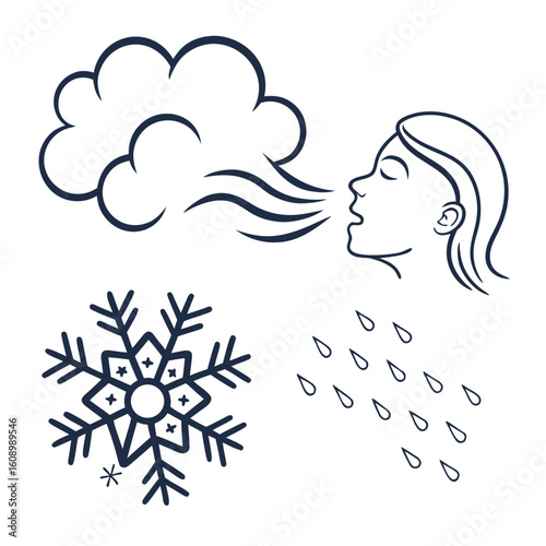 Woman exhaling cold air snowflake and raindrops breath