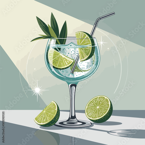 A softly lit digital illustration of a gin and tonic cocktail in a large stemmed glass garnished with lime wedges and fresh herbs sits on a