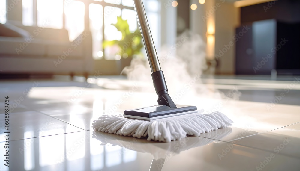 custom made wallpaper toronto digitalSteam mop cleaning shiny tiled floor in bright, sunlit room