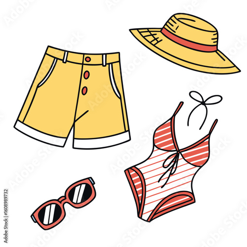 Yellow shorts straw hat coral swimsuit sunglasses summer clothing