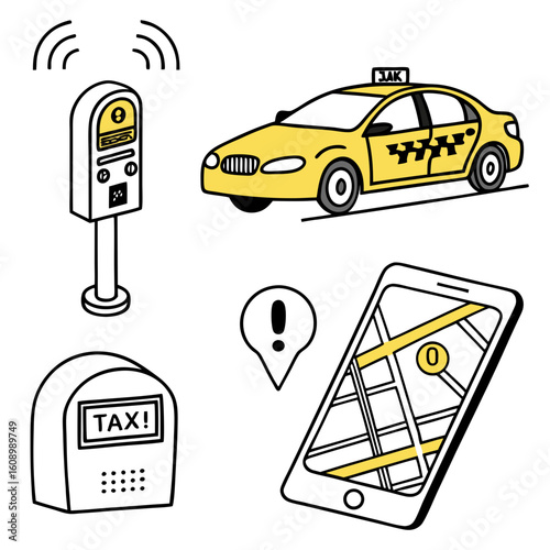 Yellow taxi car with map and meter icons phone