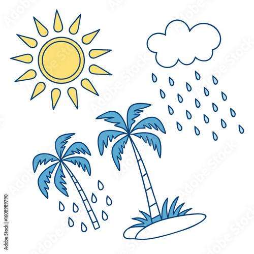 Yellow sun and blue palm trees with rain vector