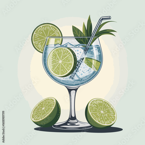 A Softly Lit Digital Illustration of a Gin and Tonic Cocktail in a Balloon Glass Garnished with Lime Wedges and Mint Sprigs on a Pale Green