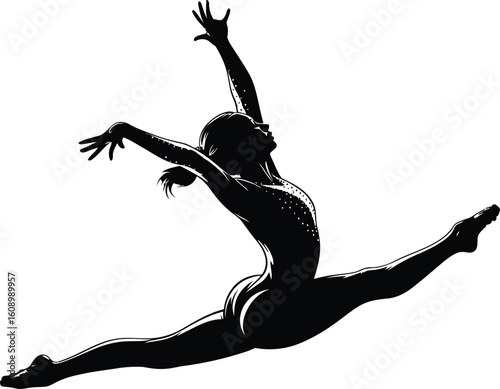 Black silhouette female gymnast split leap vector