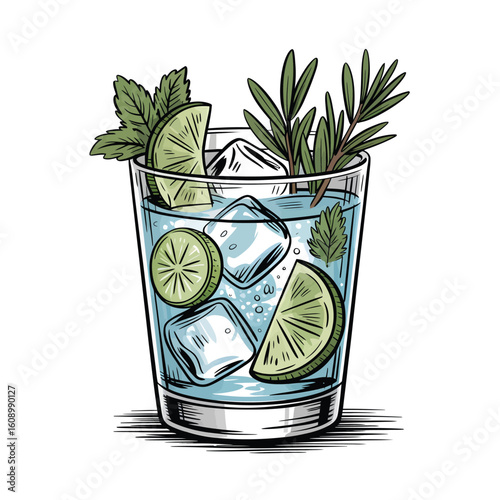 Hand Drawn Illustration of a Gin and Tonic Cocktail in a Glass with Lime Wedges Ice Cubes Mint and Rosemary Sprigs Light Blue Gin Tonic Drink