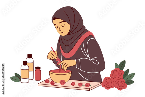 A muslim woman wearing a hijab engaged in crafting homemade beauty products with natural ingredients and essential oils