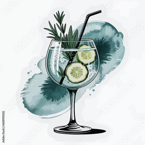 A stylized watercolor and ink gin and tonic illustration featuring a stemmed glass filled with a clear liquid garnished with cucumber slices