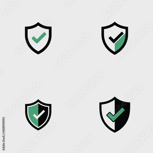 Four Green and Black Shield Icons with Checkmarks Different Variations of Security or Approved Symbols Simple Flat Design Digital Asset