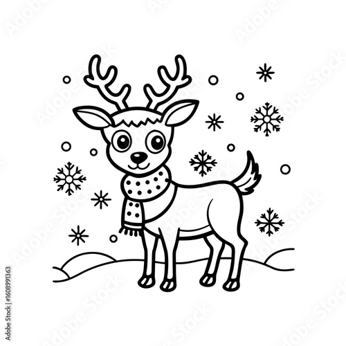 A cartoon reindeer stands in the snow wearing a polka-dotted scarf, surrounded by snowflakes, in a black and white illustration.