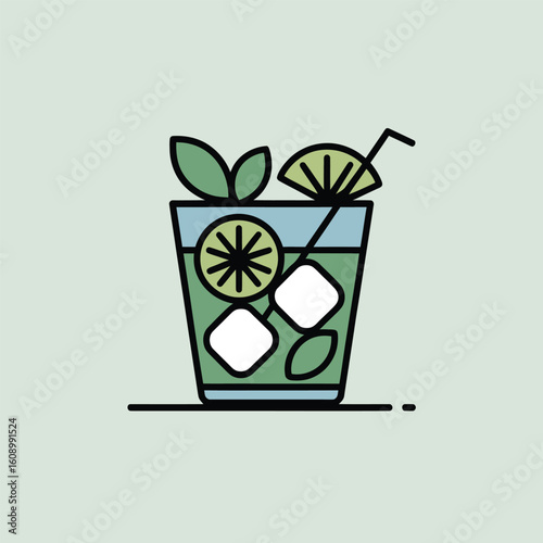 A Flat Vector Illustration of a Refreshing Green Gin and Tonic Cocktail in a Glass with Ice Cubes Lime Wedges and Mint Leaves on a Light Green