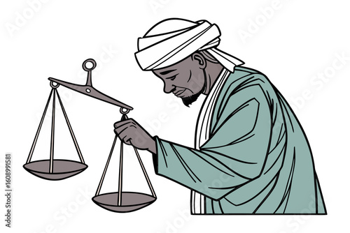 A bearded man wearing a turban and traditional robes carefully adjusts a balance scale symbolizing justice and fairness