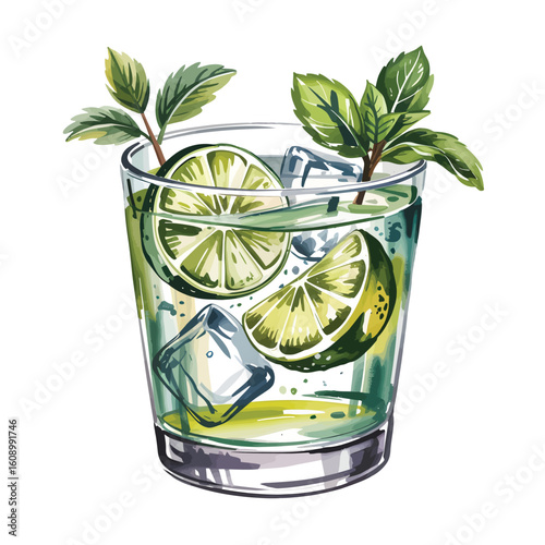Watercolor Painting of a Refreshing Mojito Cocktail in a Rocks Glass with Lime Wedges and Mint Sprigs Ice Cubes Light Green Yellow Hues