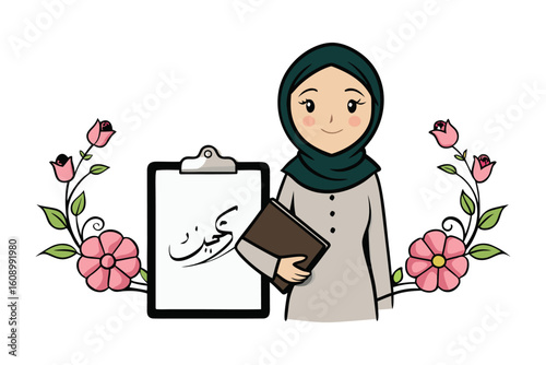 A smiling muslim woman wearing a hijab stands beside a clipboard with arabic calligraphy and holds a book surrounded by pink roses and greenery