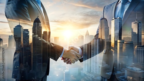 Double exposure image of business people handshake on city office building in background showing partnership success of business deal, Double Exposure Image of Business and Finance,