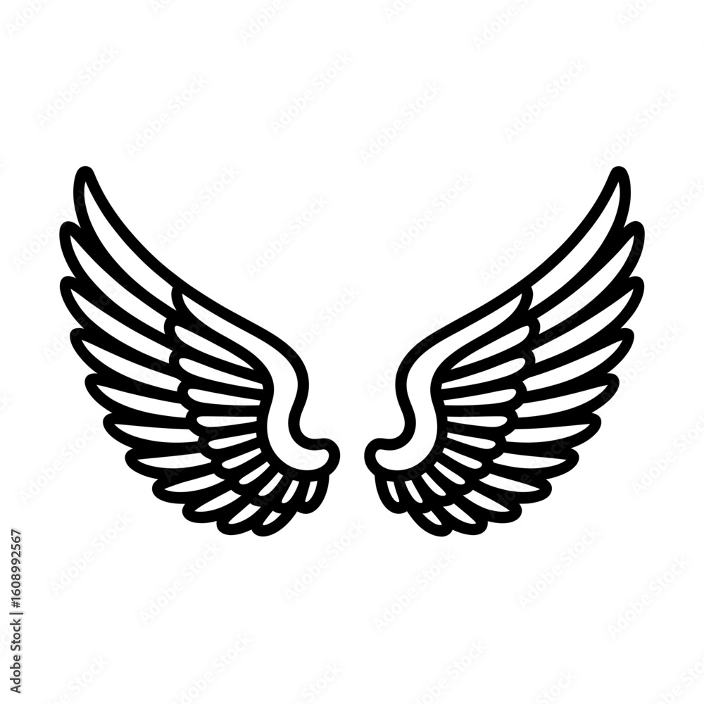 Obraz premium Elegant Angel Wings Illustration with Detailed Feather Structure Black and White Design for Creative Projects and Designs