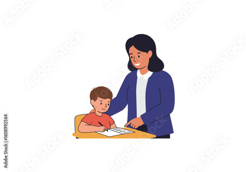 A supportive teacher helps a young male student with his schoolwork at a wooden desk.