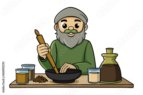 Wise old herbalist expertly grinding medicinal herbs in a mortar with pestle surrounded by bottles of natural remedies