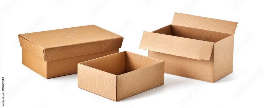Fototapeta premium Three simple cardboard boxes, one closed, two open, sit on a white background, suggesting packaging, storage, or a blank canvas for creativity and