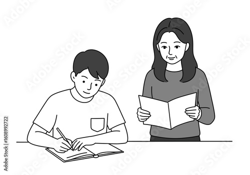A young boy diligently writes in a notebook while an adult woman reads from a booklet, suggesting a learning or tutoring session.